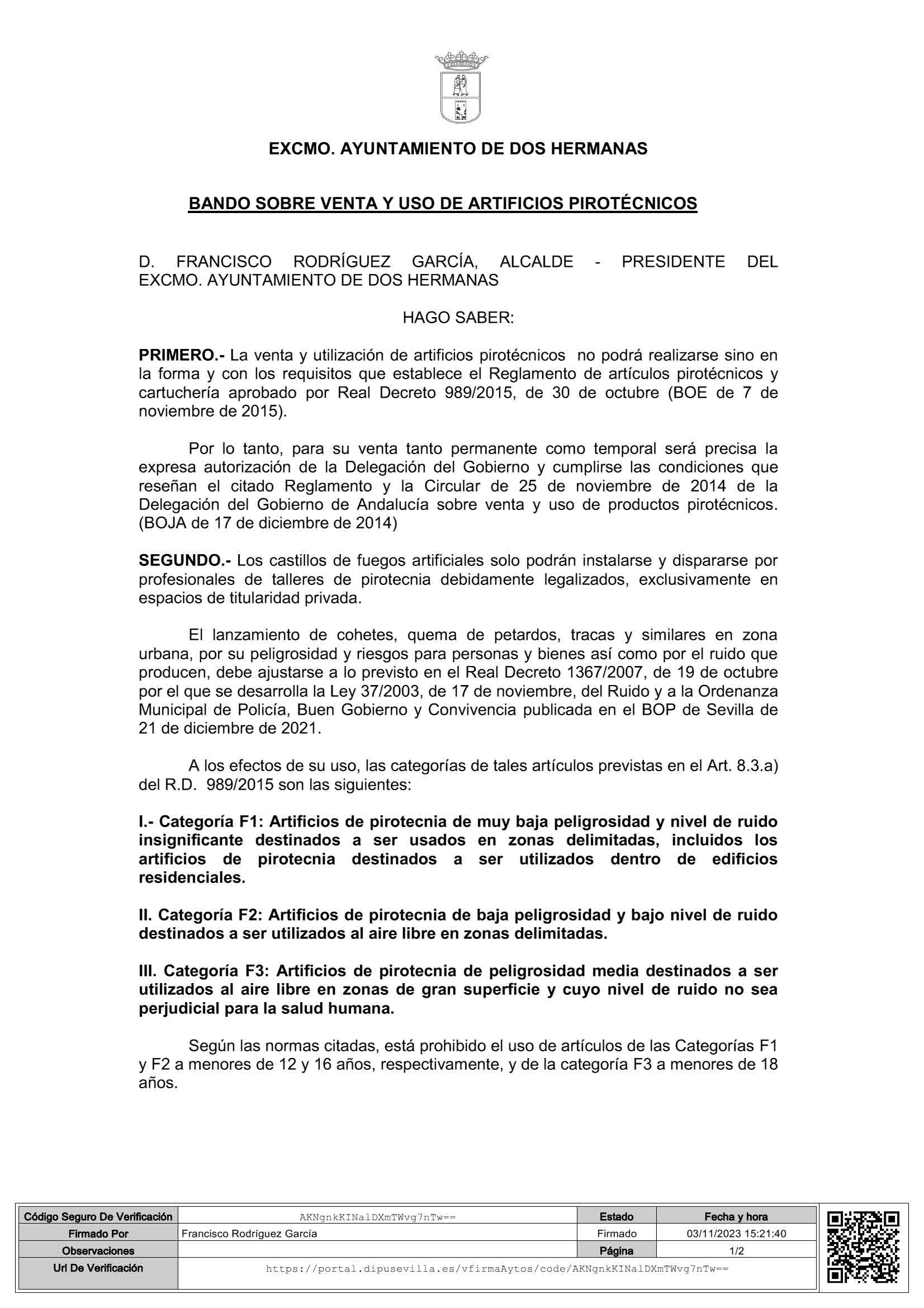 BANDO SOBRE VENTA Y USO DE ARTIFICIOS PIROTÉCNICOS 2023