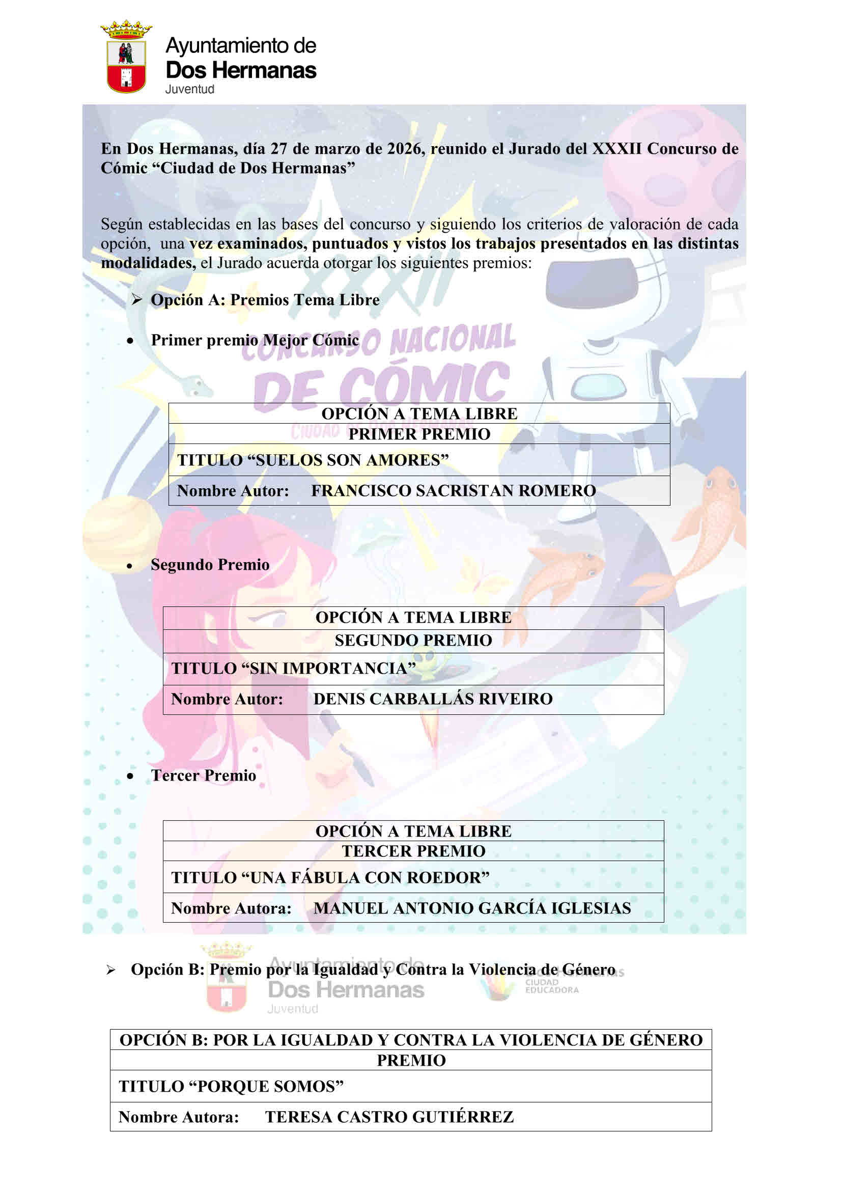 Cartel premiados Comic 2026 con imagen